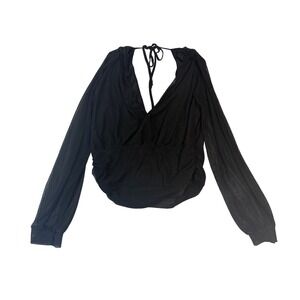 Black Sheer Mesh Long Sleeve Plunging V-Neck Ruched Backless Tie Top Style 5924